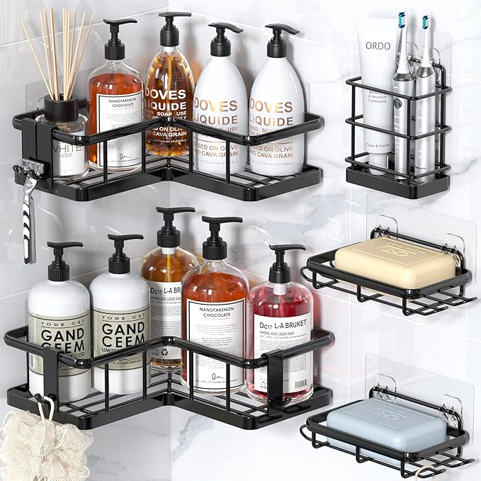 YASONIC Corner Shower Caddy Organizer, 5-Pack Adhesive Rustproof Stainless Steel Shower Shelves with Soap Holder, No Drilling Shower Storage Rack for Family Renters Bathroom, Black