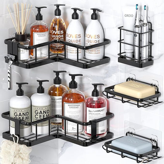 YASONIC Corner Shower Caddy Organizer, 5-Pack Adhesive Rustproof Stainless Steel Shower Shelves with Soap Holder, No Drilling Shower Storage Rack for Family Renters Bathroom, Black