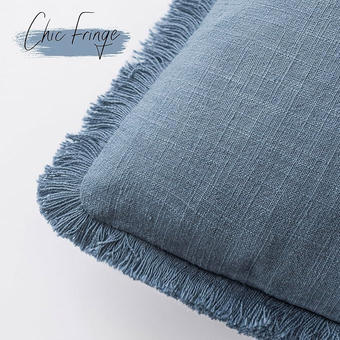 Foindtower Set of 2 Decorative Linen Fringe Throw Pillow Covers Cozy Boho Farmhouse Cushion Cover with Tassels Soft Accent Pillowcase for Couch Sofa Bed Living Room Home Decor, 24×24 Inch, Misty Blue