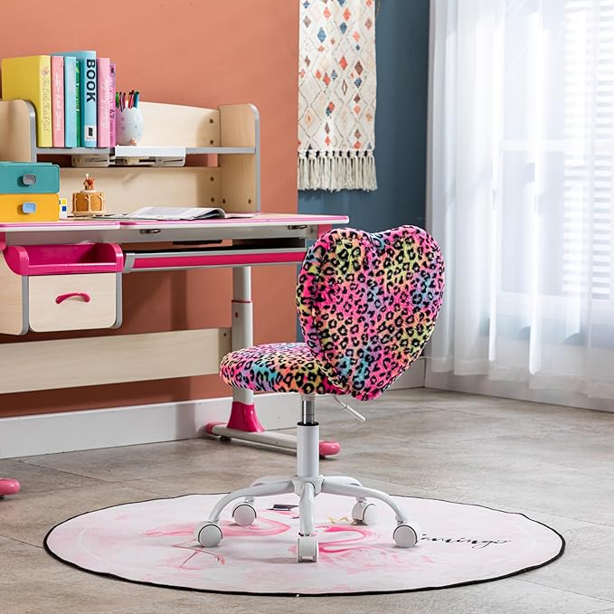 Kmax Kids Reading Chair, Rolling Cute Desk Chair for Girls Swivel Office Chair with Wheels & Heart Back Adjustable Childrens Vanity Chair for Bedroom Reading Room - Faux Fur, Leopard