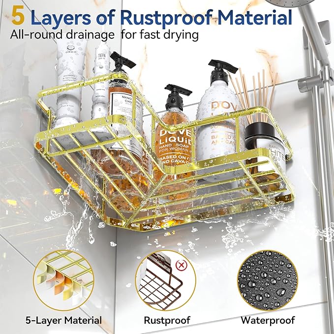 YASONIC Corner Shower Caddy Organizer, 3-Pack Self-Adhesive Rustproof Bath Shelves with Soap Holder & 4 Hooks, Large Capacity Shower Storage Rack for Bathroom Organization, Gold