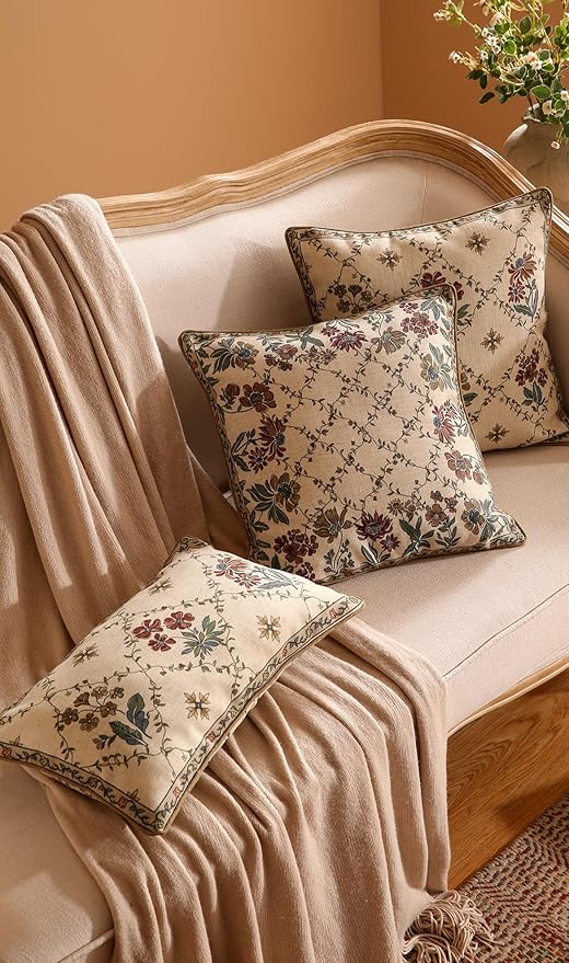 patdrea Designer Throw Pillow Covers Set of 2,Rectangle Vintage Light Brown Linen with Floral Pattern Pillow Cover,Decorative Lumbar Pillowcases Cushion for Bed Living Room Outdoor Car,12"x20"