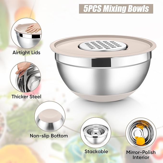 E-far Stainless Steel Mixing Bowls with Lids Set, 5-Piece Nesting Salad Bowls with 3 Grater Attachments and Non-Slip Bottoms, Size 4.6, 2.6, 2, 1.5, 1QT for Kitchen (Khaki)