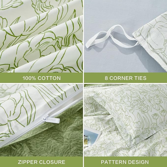 SAPHREAS Green Drawing Floral Duvet Cover Set Full Size 3pcs Botanical Blossom Bedding Comforter Cover Set 100% Cotton 1 Duvet Cover 90"x80" 2 Pillow Shams, Comforter Not Included