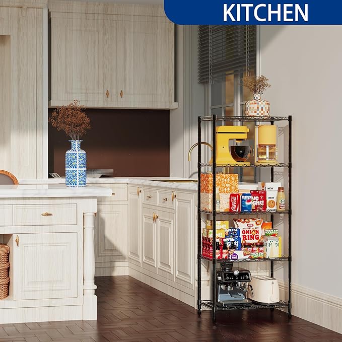 REGILLER 5-Wire Shelving Metal Storage Rack Adjustable Shelves,Standing Storage Shelf Units for Laundry Bathroom Kitchen Pantry Closet(Black,11.8" D x 21.2" W x 53.5" H)