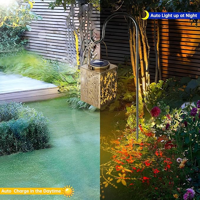 2 Pack Solar Lanterns - Waterproof Metal Hanging Solar Lights Outdoor Decorative, Solar Powered LED Lamp for Patio Tabletop Porch Deck Yard Garden Decor for Outside (Dragonfly)