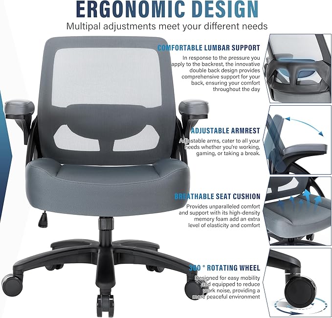 Big and Tall Office Chair 400lbs-Ergonomic Mesh Desk Chair with Flip up Arms, Heavy Duty Home Office Computer Chair, Wide Seat Office Chairs, Executive Rolling Swivel Task Chairs for Large People