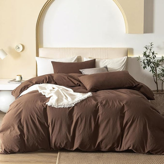 JIYUAN 100% Washed Cotton Duvet Cover Set 3 Pieces Oversized Queen, 1 Duvet Cover 98x98 Inches(Comforter Not Included) and 2 Pillowcases,Linen Feel Bedding Set Comfy and Breathable,Chocolate Brown