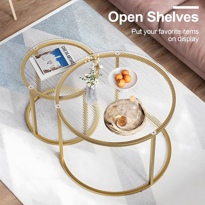 aboxoo Nesting Coffee Table Set of 2, Small Round Glass Nesting Tables for Living Room Bedroom, Accent Tea Table with Gold Metal Frame Modern Industrial Simple
