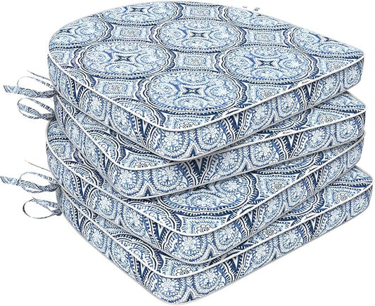 Set of 4 Outdoor Chair Cushions 19"x19"x2",Water Repellent Dining Seat Cushion with Ties and Removable Covers, Chair Cushions for Indoor and Patio Furniture, Medallion Blue