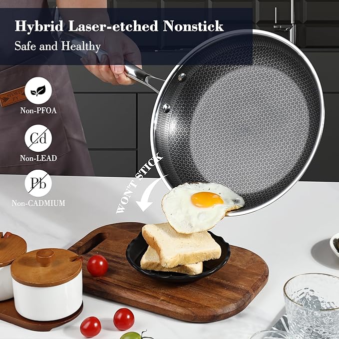 8 Inch Hybrid Non Stick Frying Pan Set Skillet Stainless Steel Skillet Chef's Pan with Matching Lid, PFOA-Free Non-Toxic Cookware, Dishwasher & Oven Safe, Induction Compatible All Cooktop