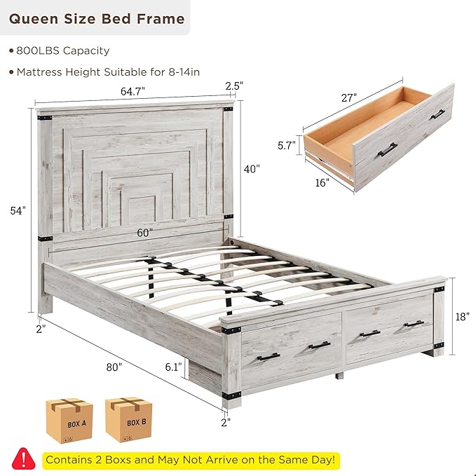 RedLemon Farmhouse Queen Size Bed Frame w/ 54" Tall Geometric Headboard, Rustic Wood Platform Bed w/ 2 Large Storage Drawers, Wood Slats Support, Noise Free, No Box Spring Needed, Antique Brush White