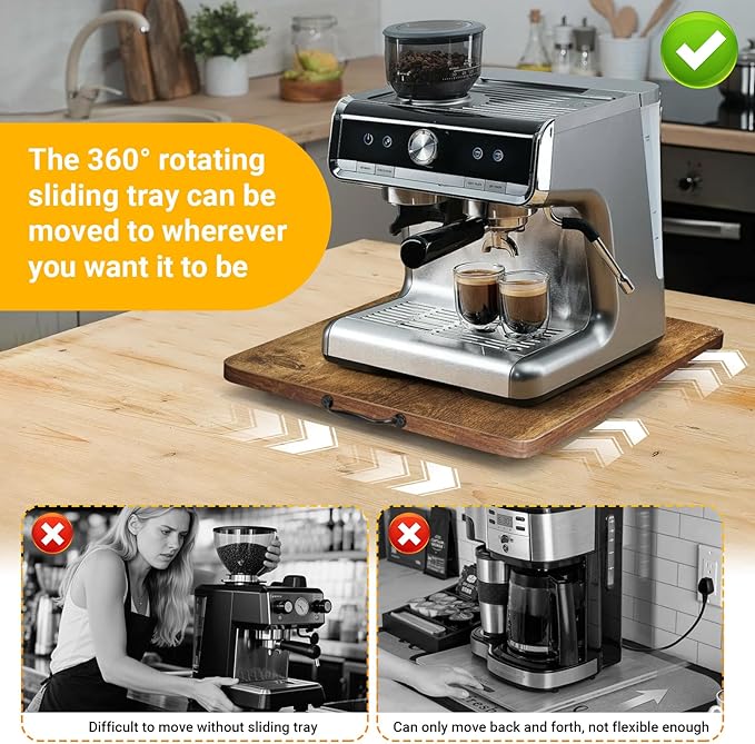 360° Rotatable Sliding Tray for Kitchen Appliances, Wooden Sliding Tray for Coffee Maker, Coffee Pot Slides for Countertop Installation, Easy to Slide (Brown, Large)