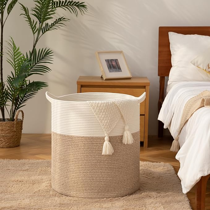 Laundry Basket, 100L Large Laundry Hamper, Tall Woven Rope Storage Basket for Blanket Toys Pillows Towels, Baby Nursery Hamper Bin for Living Room, Bedroom (Brown & White)