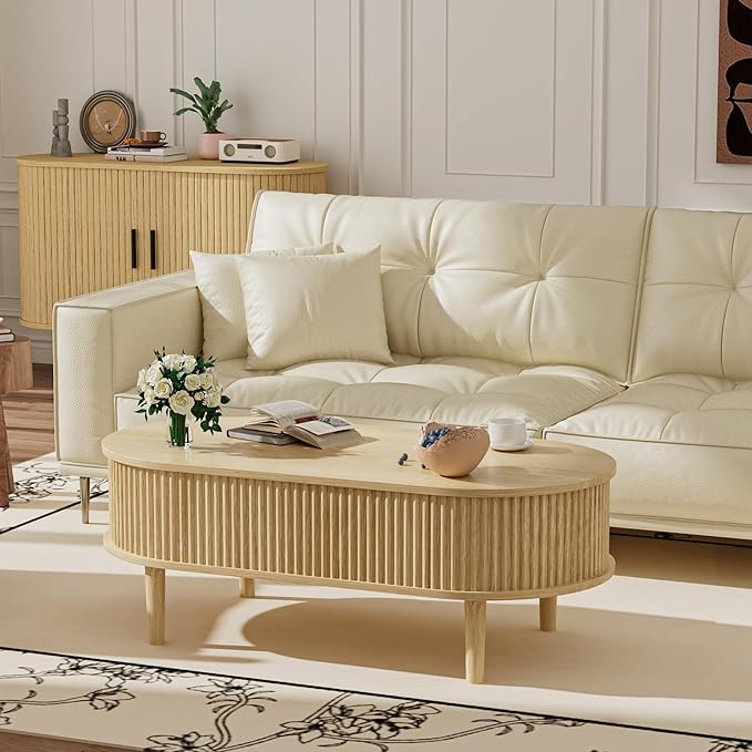 EAG Fluted Lift Top Coffee Table with Hidden Compartment, Modern Oval Coffee Table with Storage, Fully Wood Center Table for Living Room, Office, Natural