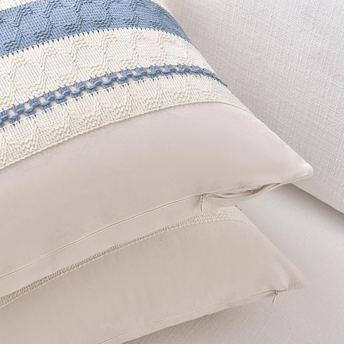 Fancy Homi Set of 2 Boho Light Blue Lumbar Decorative Throw Pillow Cover 12x20 Inch for Couch Bed Sofa Chair, Modern Organic Farmhouse Home Decor, Soft Cotton Cute Accent Rectangle Cushion Case