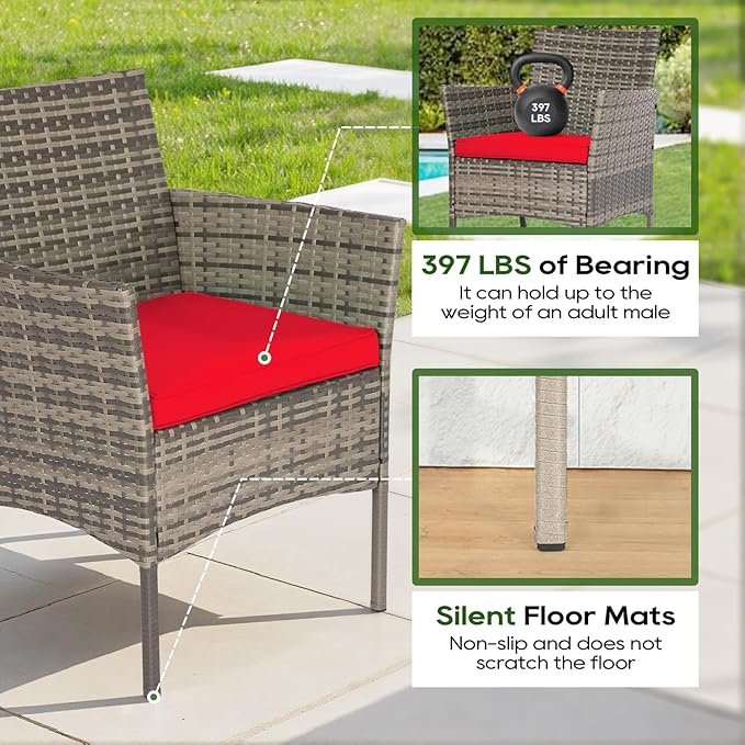 FDW | 3-Piece Patio Furniture Set | Gray & Red | Outdoor Wicker Furniture with Coffee Table | Modern Rattan Chairs Conversation Set | Outdoor Seating | Weather-Resistant | for Porch, Garden, Lawn