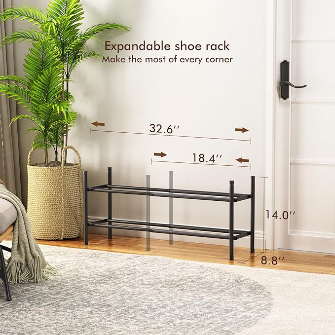 Expandable Shoe Rack, 2 Tier Shoe Rack for Closet, Stackable Adjustable Standing Metal Shoe Shelf Organizer Storage, Small Shoe Racks for Front Door Entrance、Entryway(Black)
