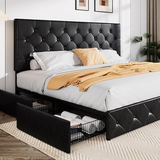 Allewie King Size Black Metal Faux Leather Platform Bed Frame with 4 Drawers