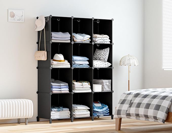 HOMIDEC Closet Organizers and Storage, 12 Cube Storage Organizer, Portable Closet Organization Clothes Shelves for Kids, Closet, Bedroom, Bathroom, Office, Black
