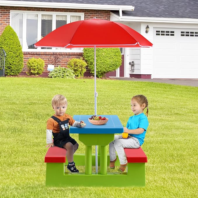 Costzon Kids Picnic Table, Indoor & Outdoor Plastic Table and Bench with Removable Umbrella, Portable Toddler Picnic Table and Chair Set for Garden, Backyard, Patio