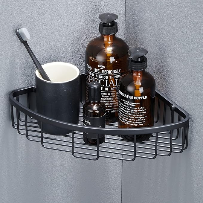 Bathroom Shower Caddy Corner Shelf, Corner-Hollow Design, Ultra Sturdy Rust-Proof Stainless Steel Shelf Organizer Shampoo Holder, Wall Mounted Storage Rack for Bathroom, Matte Black