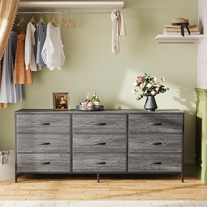 Huuger Long Dresser for Bedroom, 55 Inch TV Stand for 55, 60 Inch TV, Entertainment Center with Drawers, Large Storage Fabric 9 Drawer Dresser, Closet, Grey