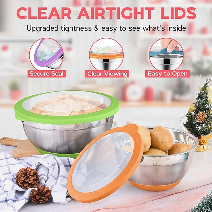 Colorful Mixing Bowl Set of 6 for Kitchen, Large Stainless Steel Metal Nesting Mixing Bowls with Airtight Lids, Non Slip - Size 1, 1.5, 2, 2.6, 3.5, 7QT