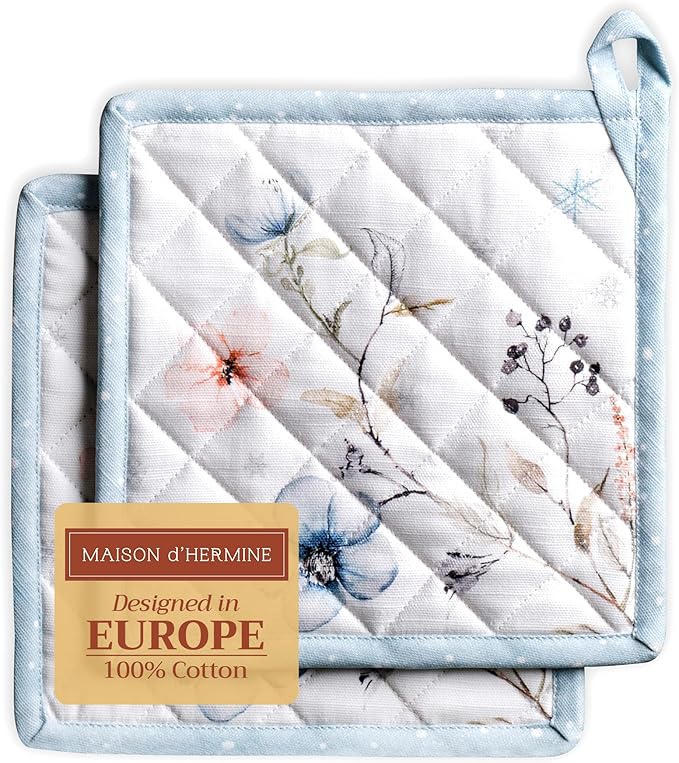 Maison d' Hermine Pot Holders Set 100% Cotton Heat Resistant Potholders 8" x 8" Hot Pads with Loop for Thanksgiving Christmas Decorations BBQ Cooking Baking Handling Hot Pans (Pack of 2, Ice Florals)