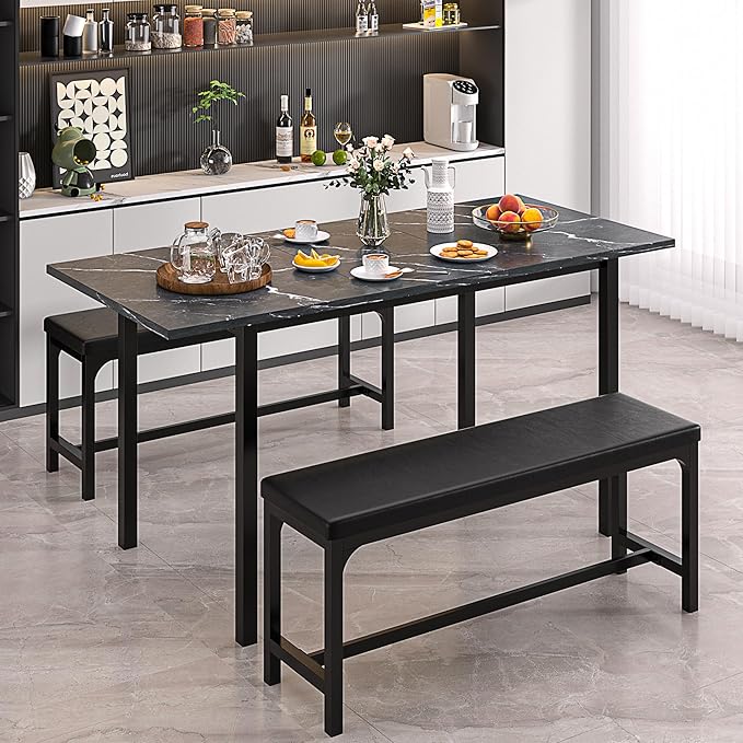 VECELO 3-Piece 63" Extendable Kitchen Table with Benches/Chairs, Modern Breakfast Dinette/Dining Room Set for 4/6/2, Small Space Saving Design, Easy Assembly