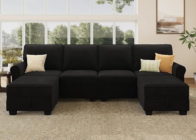 HONBAY Convertible Sectional Sofa with Storage U Shaped Sectional Couch with Reversible Chaise Small Sectional Couches for Living Room,Mid Black