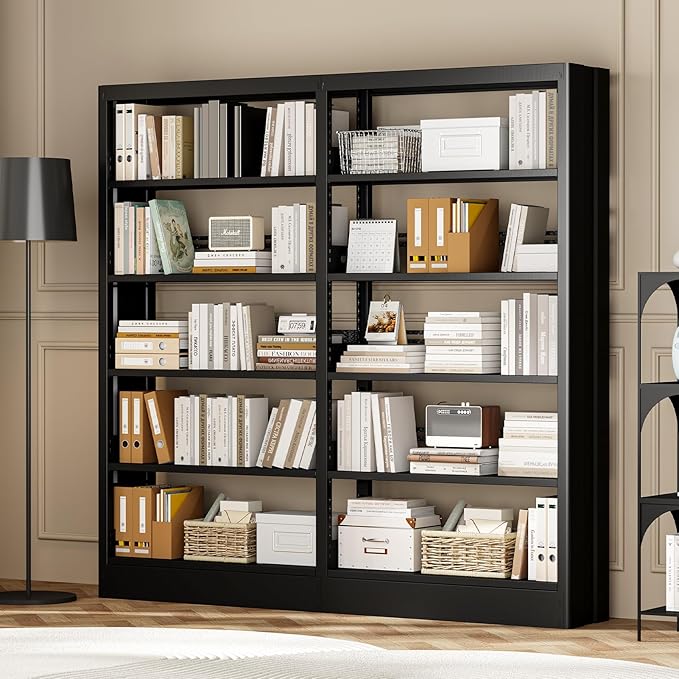 71" Metal Book Shelf, 5 Tier Bookshelf with Adjustable Shelves, Bookshleves and Bookcases, Heavy Duty Library Book Case, Expandable Combination Bookshelf (Black, 72.8" W)