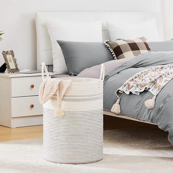 Fiona's magic 72L Large Woven Rope Laundry Hamper, Tall Laundry Basket Storage, Baby Nursery Hamper for Blankets, Toys and Clothes Hamper for Bedroom and Living Room Organizing, Jute, White