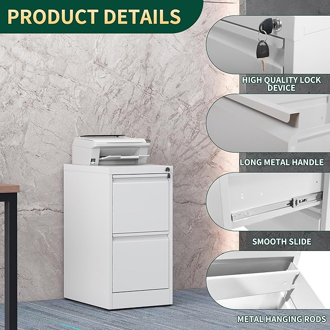 2 Drawer File Cabinet with Lock, Steel Vertical Filing Storage Cabinet for Home Office, Heavy-Duty File Cabinets for Letters/Legal/A4 (Require Assembly, White)