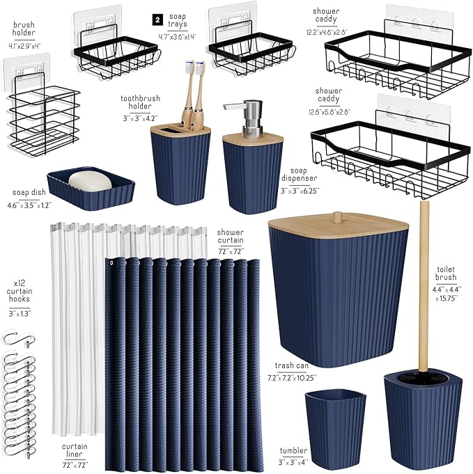 Shower Caddy and Bathroom Accessories Set, 25PC Bathroom Accessory Set with Shower Shelf Caddy for Bathroom Storage, Navy Shower Curtain Set, Toilet Brush, Trash Can, Soap Dispenser, Toothbrush holder