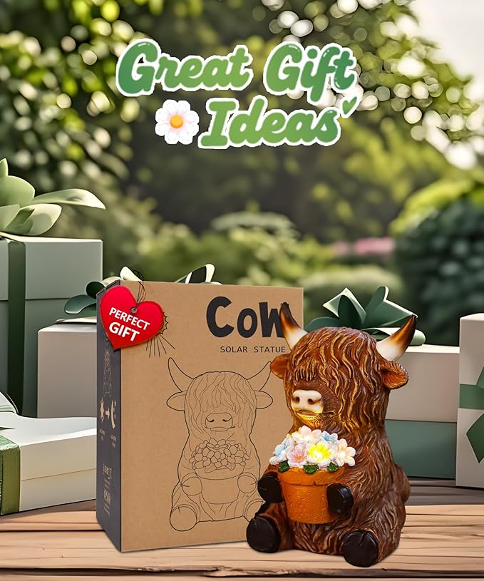Nacome Solar Garden Highland Cow Holding Succulent Planter with LED Lights Outdoor Decor for Outside Yard Patio Balcony Porch Decorations - Birthday Gifts Mom Grandma Women(Brown)