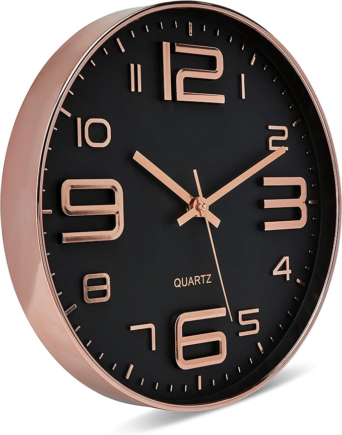 Bernhard Products Black Wall Clock - 12 Inch Rose Gold Silent Non Ticking Quality Quartz Battery Operated Easy to Read Decorative Modern Design for Home/Office/Kitchen/Bedroom/Living Room