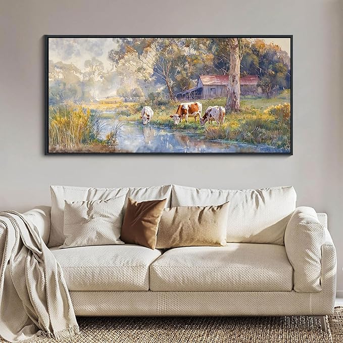 JEAWA Large Framed Canvas Painting - 24x48 IN Watercolor Landscape Wall Decor, Country Picture with Wooden House and Green Trees, Cow Art Prints for Bedroom Living Room Home Decoration