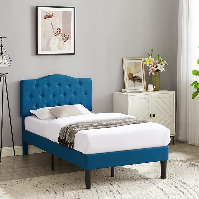 VECELO Twin Size Bed Frame Upholstered Platform with Tufted Adjustable Headboard/Mattress Foundation with Wood Slat Support, Easy Assembly,Blue