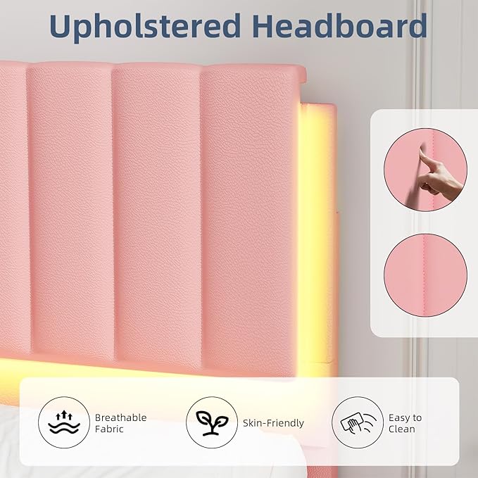 Twin Upholstered Bed Frame with LED Lights, Faux Leather Platform Bed with Headboard and Wooden Slats Support, No Box Spring Needed, Noise-Free, Easy Assembly, Pink