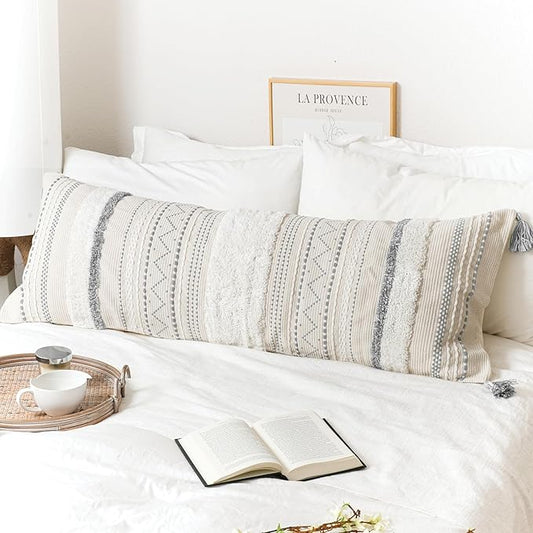 Large Body Pillow Cover for Bed 20x54 Gray Boho Accent Oversized Long Pillowcase for Bedroom Neutral White Decorative Cushion Farmhouse Home Décor (Cover ONLY, Pack of 1)