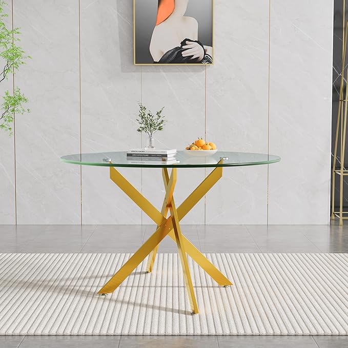 47.24" Round Glass Dining Table Modern Kitchen Glass Top Table for 6 with Gold Metal Legs, Clear Dining Table Kitchen Table for Home Office Dining Room