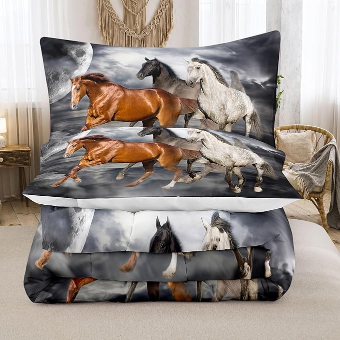 Tailor Shop Horse Comforter Full Size,Galloping Horse Bedding Set for Kids Teens Girls Boys with 2 Pillowcase…