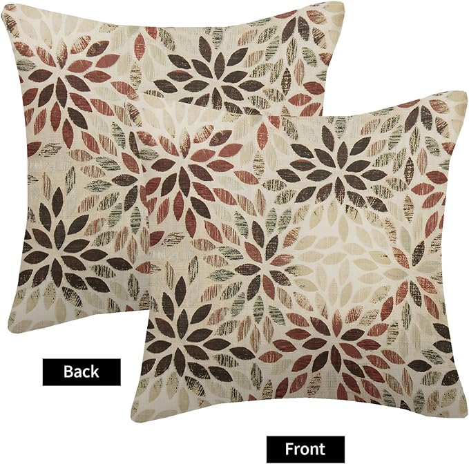 Burgundy Red Brown Pillow Covers 18x18 Inch Set of 2 Summer Rust Geometric Flower Outdoor Decorative Throw Pillows Farmhouse Dahlia Pillow Case Linen Square Cushion Cover for Home Sofa Bedroom