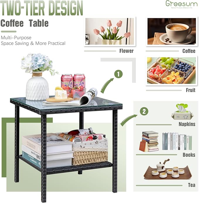 Greesum 3 Pieces Patio Furniture Set Outdoor Wicker Rocking Chairs with Glass Coffee Table for Garden Backyard Porch Poolside, Red