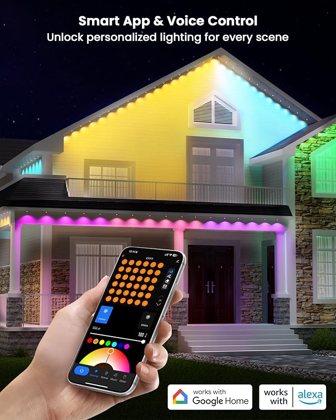 Gefolly Permanent Outdoor Lights Pro, 100ft with 60 RGBW Double-LED Lights 111 Scene Modes for Daily, Halloween, Christmas, IP67 Waterproof for Outdoor Decor, Works with Alexa, Google Assistant, White