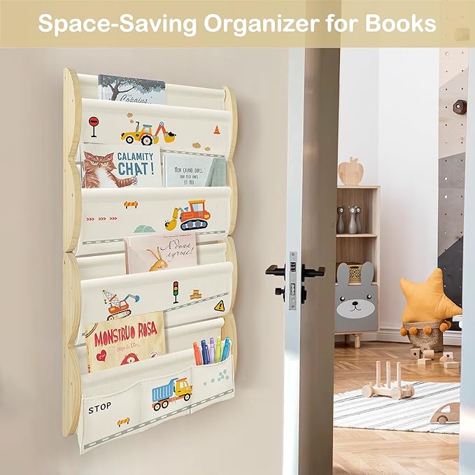 Wooden Wall Mounted Bookshelf for Kids Rooms, 4 Tier Floating Nursery Book Shelf, Kids Bookshelf with 2 Pockets, Toddler Sling Book Rack with Deep Sleeves (Excavator)