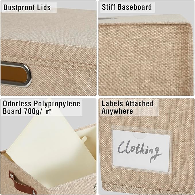 17" Large Collapsible Storage Bins with Lids, Stackable Closet Organizers with PU Handle and Labels, 3-Pack Decorative Fabric Storage Boxes for Home, Bedroom, Closet, Office, Nursery(Khaki)
