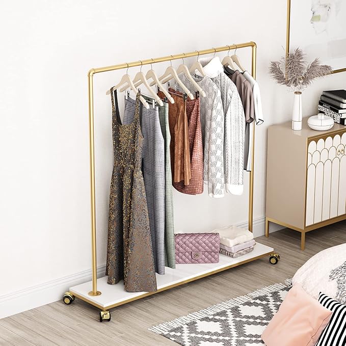 Gold Metal Clothing Rack with Wood Shelf, Heavy Duty Rolling Garment Rack with Wheels for Bedroom Retail Boutique Use (61L inches)