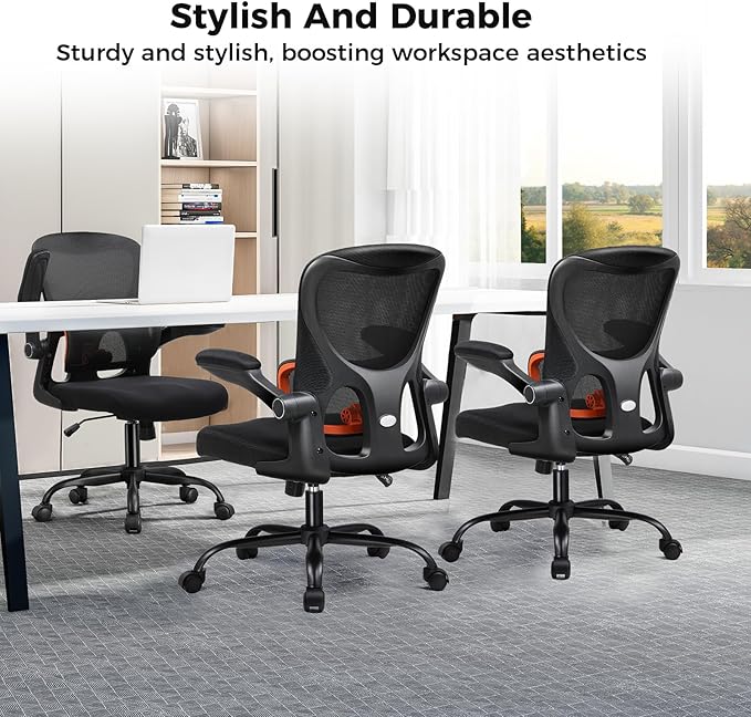 GTRACING Office Chair Ergonomic Desk Chair with 3D Adaptive Lumbar Support, High Back Home Mesh Chair with Flip-Up Arms, Swivel Rolling Computer Seating for Long Desk Work (Black)